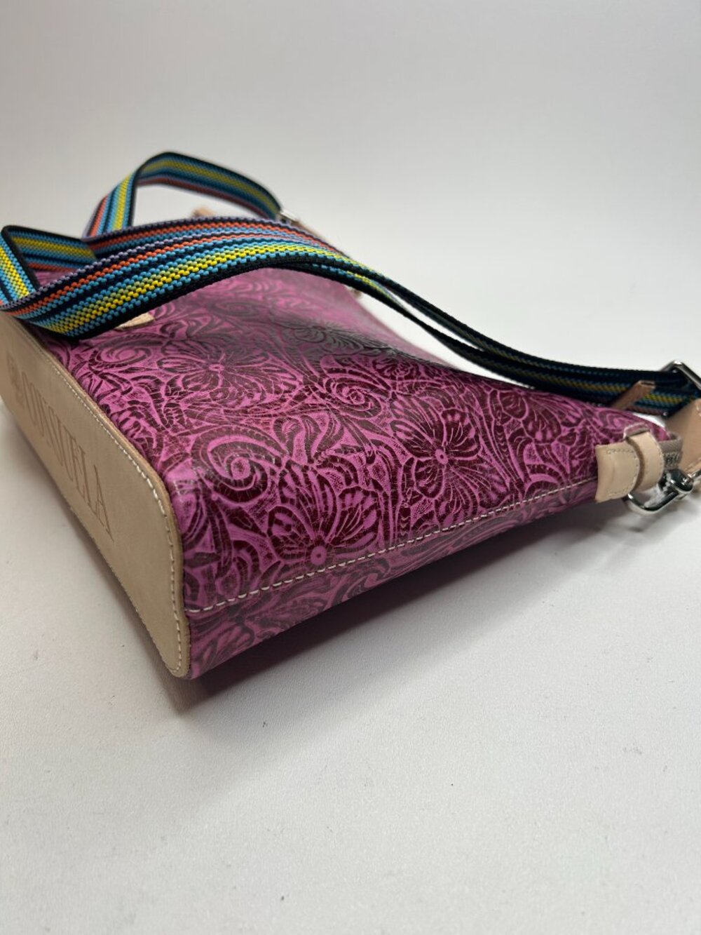 CONSUELA Mena Downtown Women's Fuchsia Tooled Leather Crossbody - Picture 4 of 11